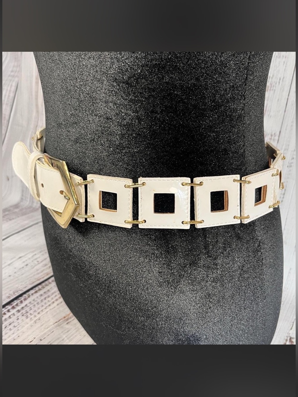 Vintage Milor Fashion Belt White Patent Leather Gold Accents